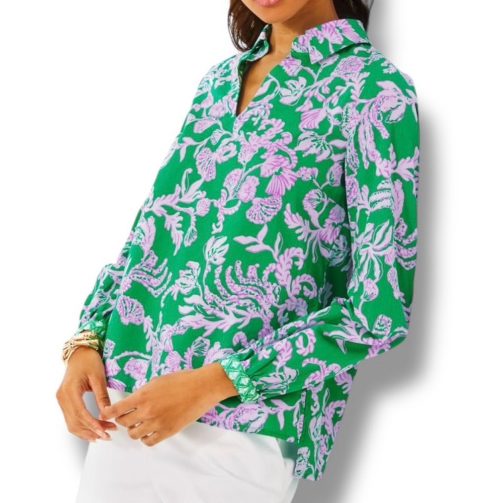 NWT Lilly Pulitzer Green & Lilac Floral Split-Neck Blouse
